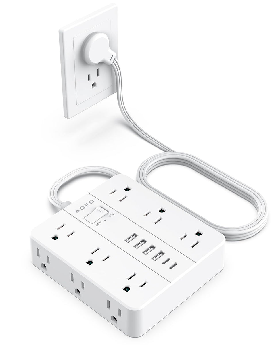 AOFO 18-in-1 power strip full view showing 12 outlets and 6 ports for organized charging