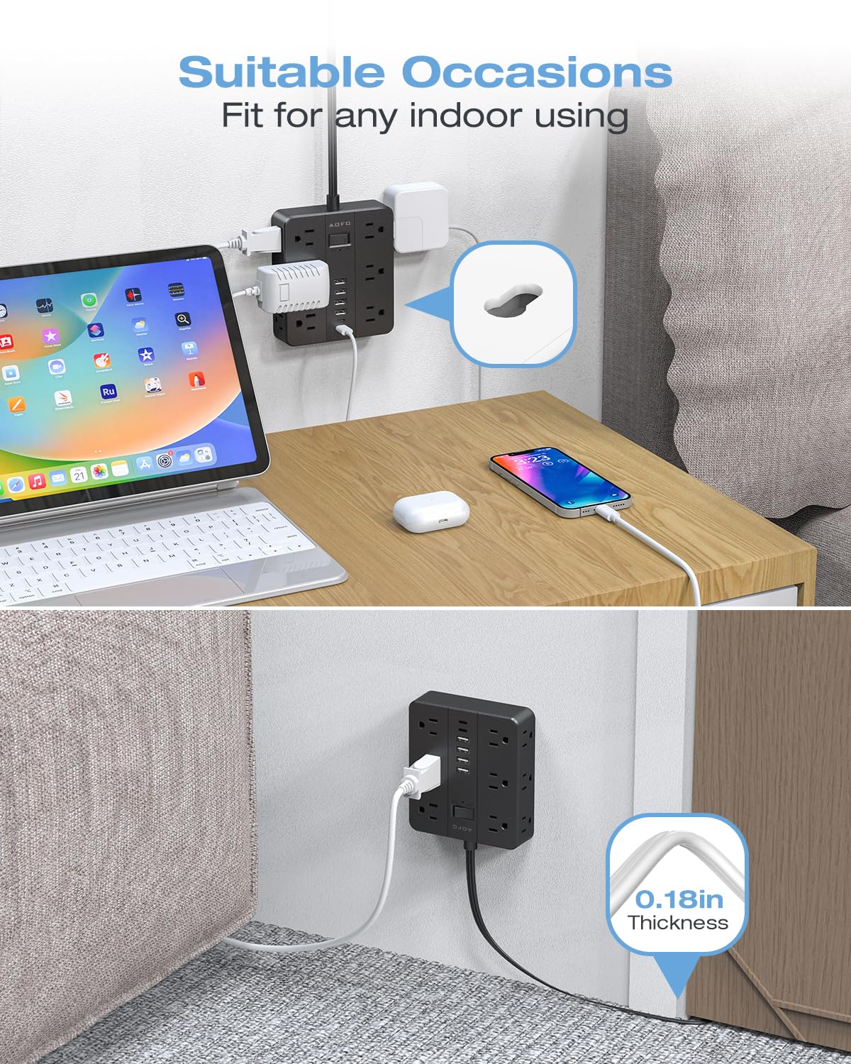 AOFO angled flat plug saves space and avoids blocking outlets.