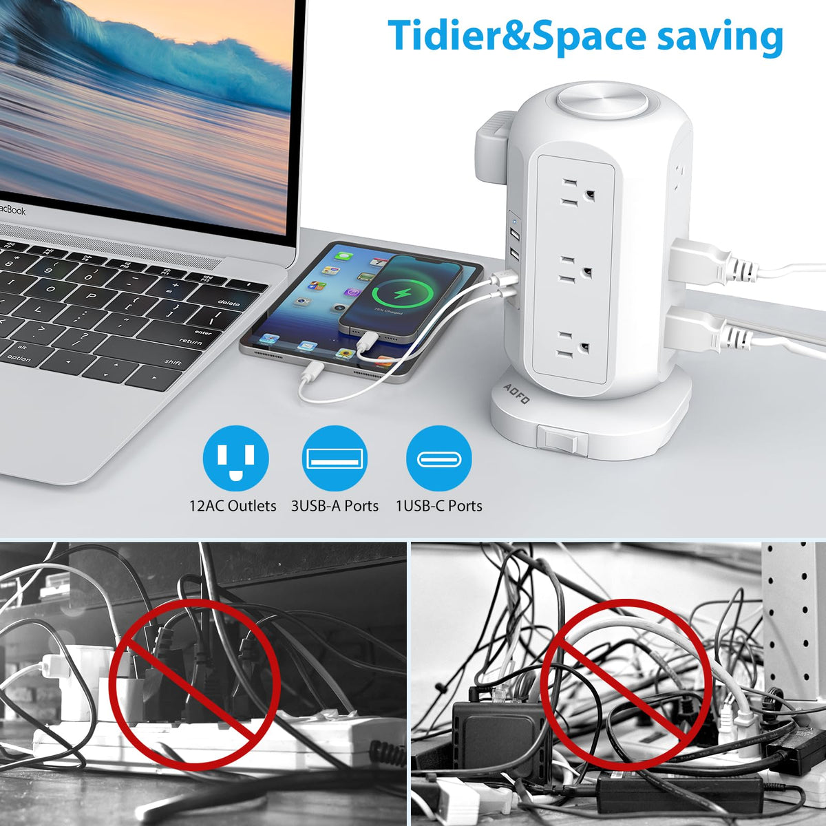 AOFO flat plug tucked behind furniture demonstrating space-saving placement benefit