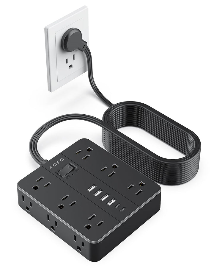 AOFO front view showing all 12 AC outlets and 6 USB ports, maximizing charging capacity