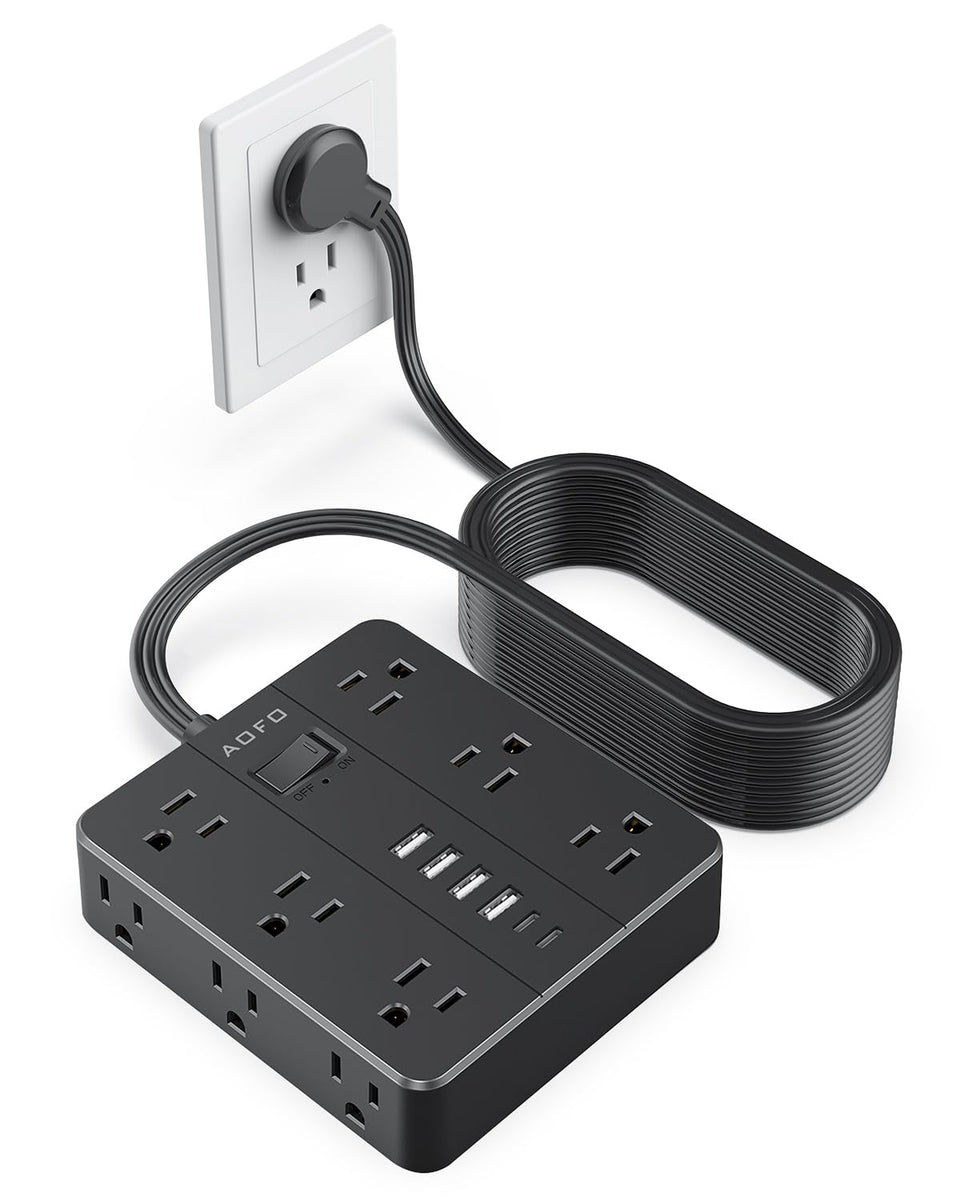 AOFO front view showing all 12 AC outlets and 6 USB ports, maximizing charging capacity