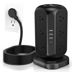 AOFO power tower front view showing 12 outlets and compact footprint for space saving