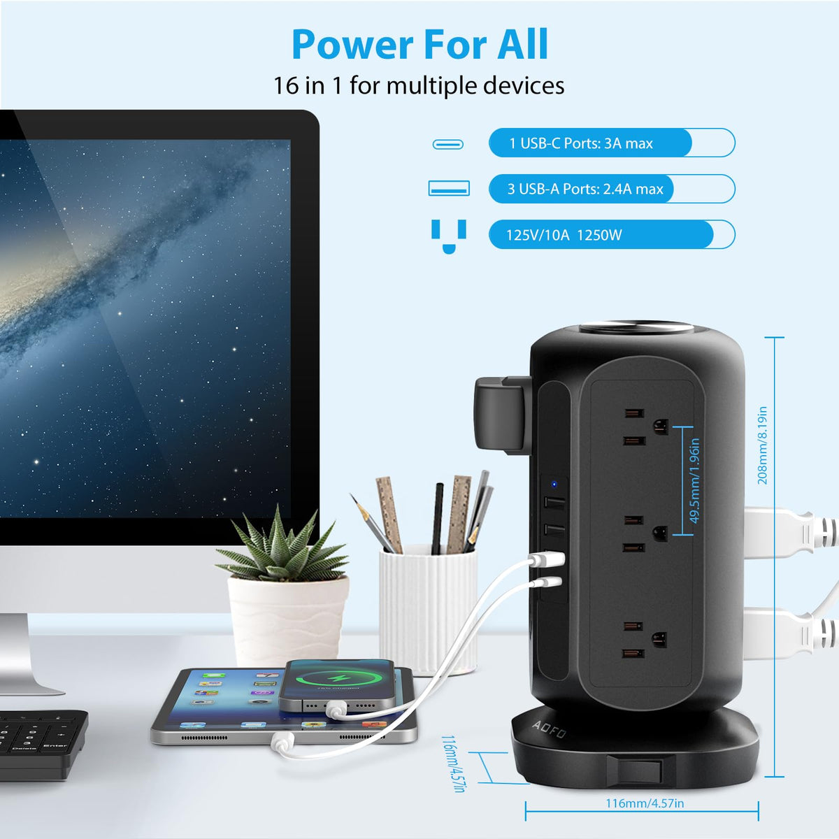 AOFO power tower closeup of widely spaced outlets preventing adapter interference