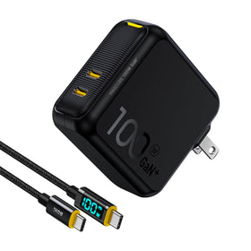 AOHI 100W GaN+ charger with foldable prongs powering devices on the go