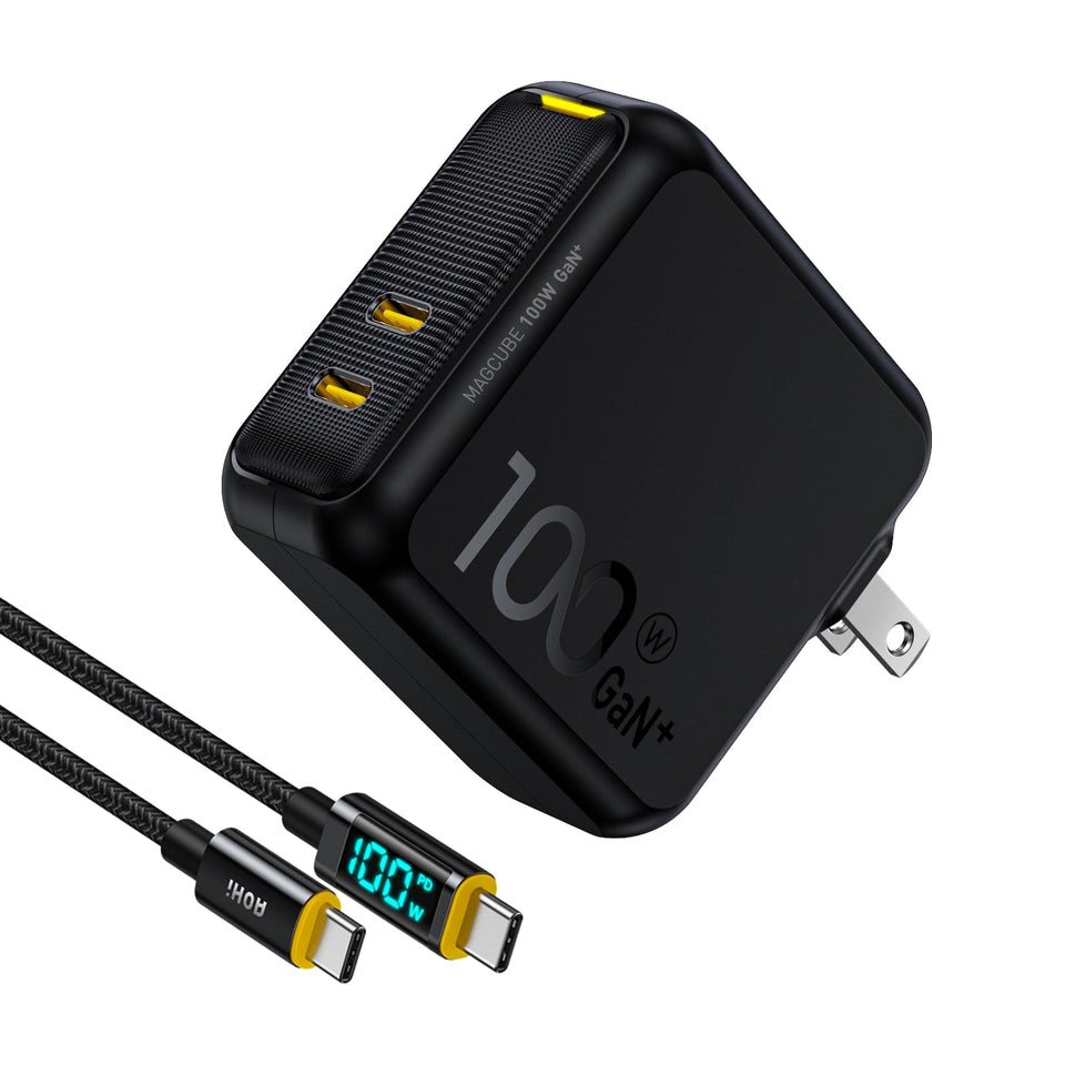 AOHI 100W GaN+ charger with foldable prongs powering devices on the go