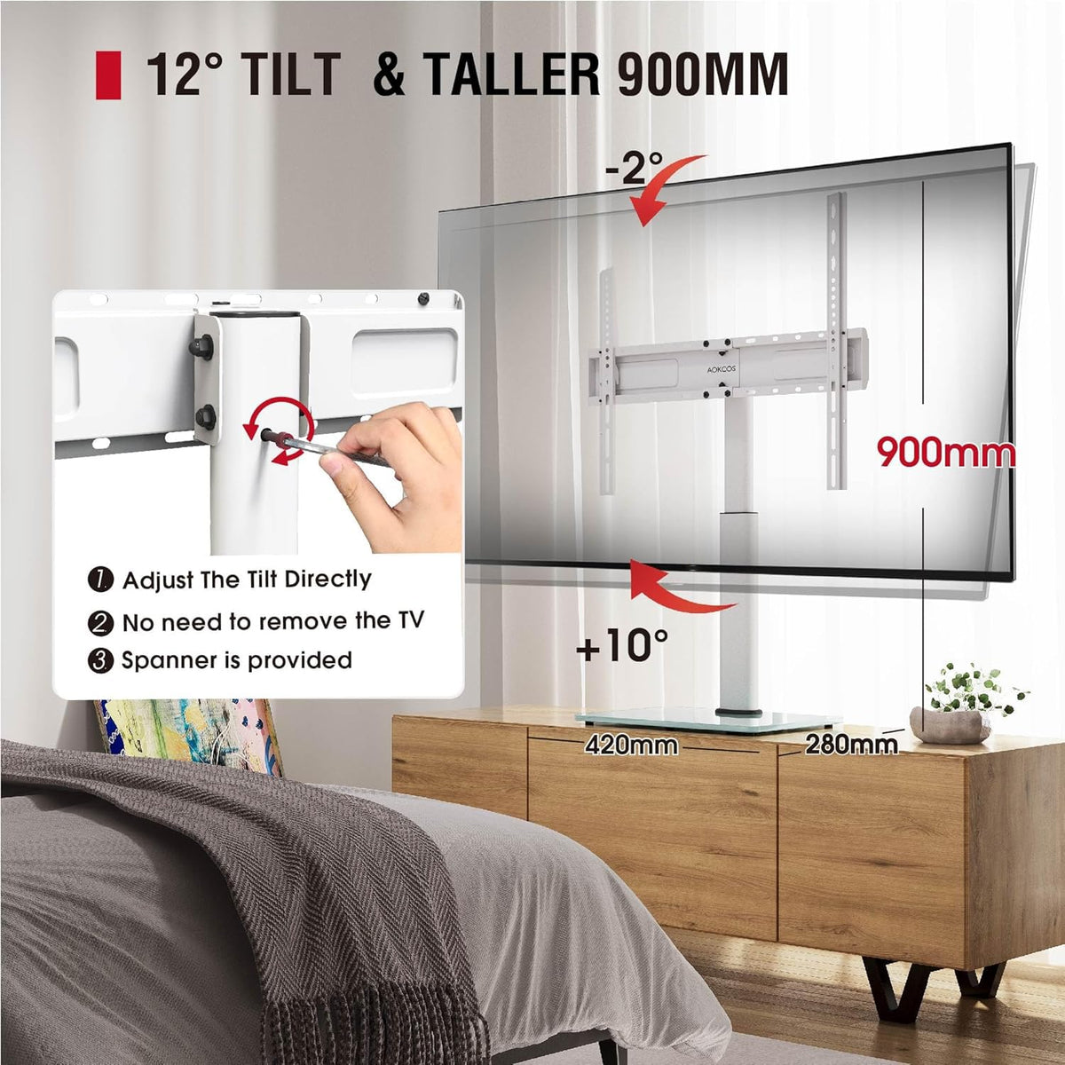 AOKCOS stand shows 30° swivel for versatile screen positioning.
