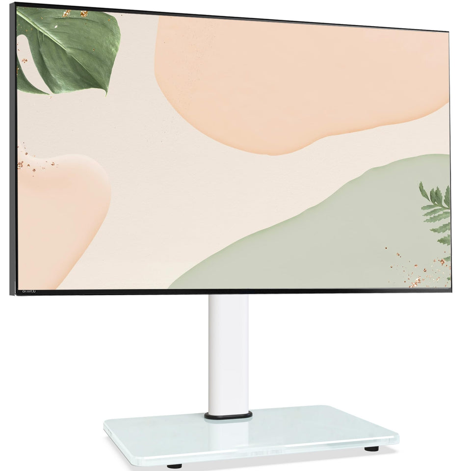 AOKCOS swivel stand with tempered glass base provides stable support for large TVs.
