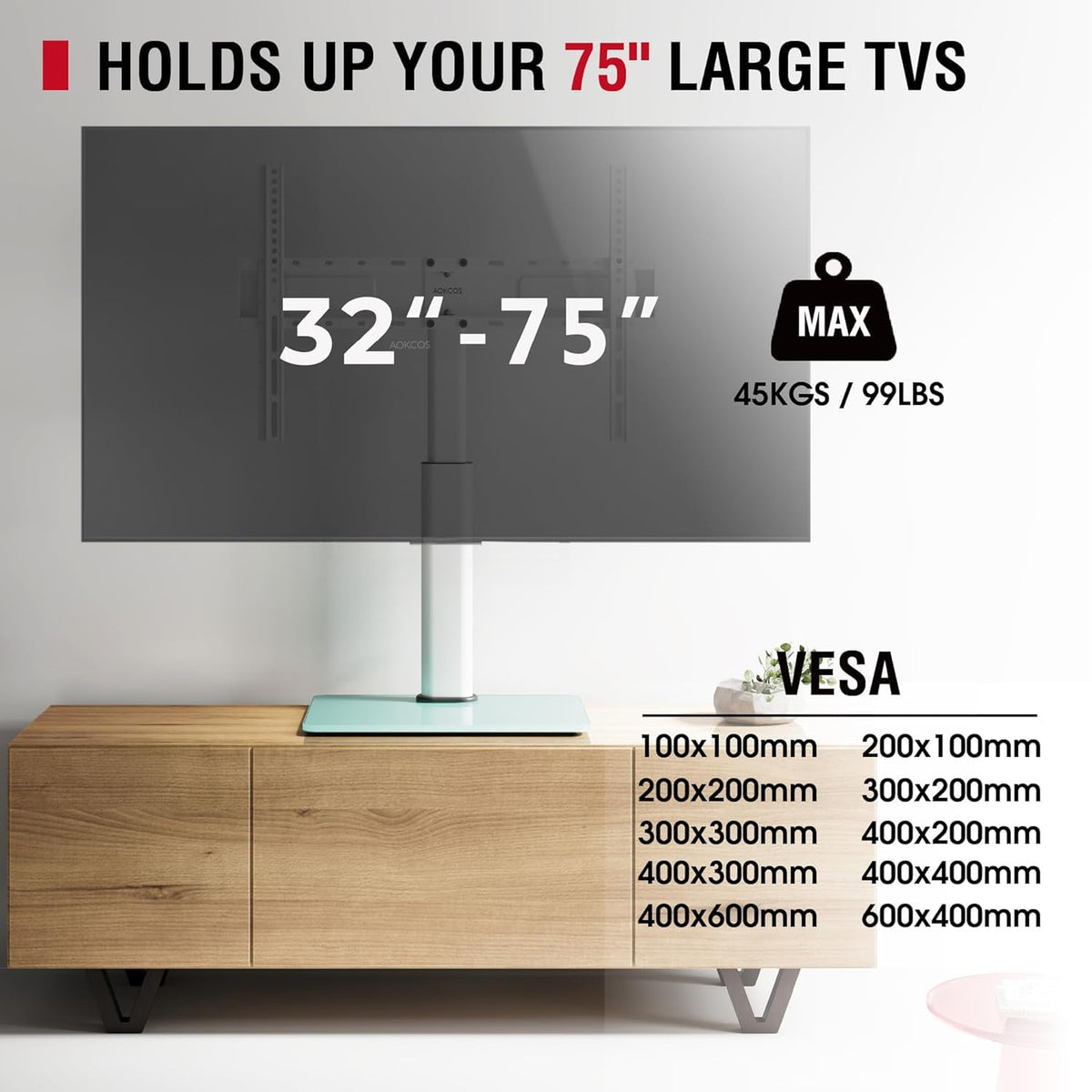 AOKCOS stand supports VESA up to 600x400 mm for broad compatibility.
