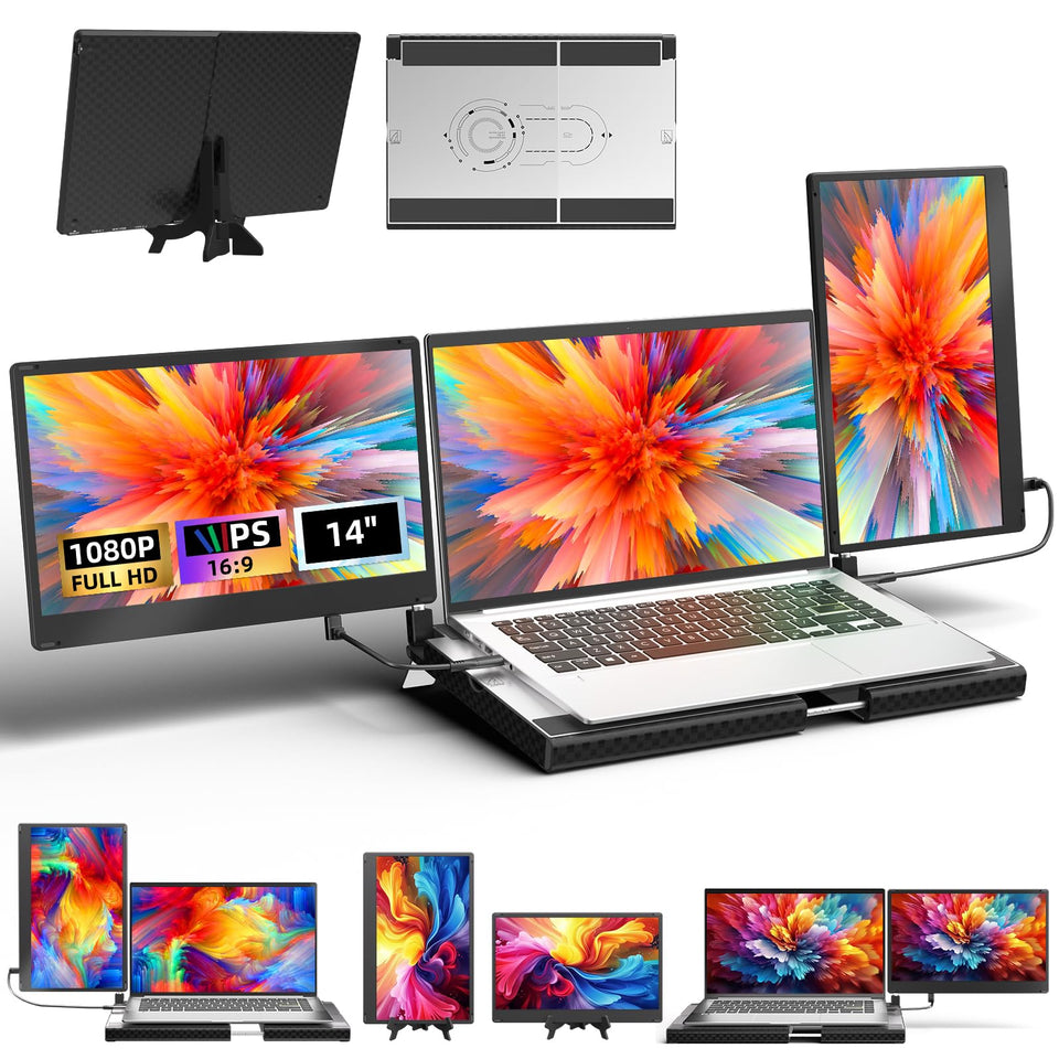 AOKER laptop triple-screen extender setup for enhanced multitasking efficiency.