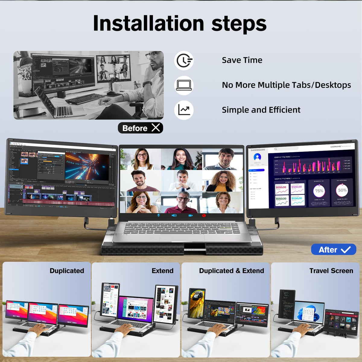 AOKER left-right attachment for flexible triple-screen layouts.