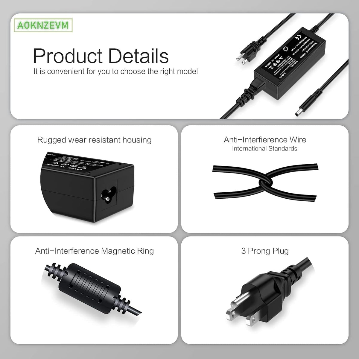 AOKNZEVM 65W Dell adapter compatibility list, showing wide Dell model range.