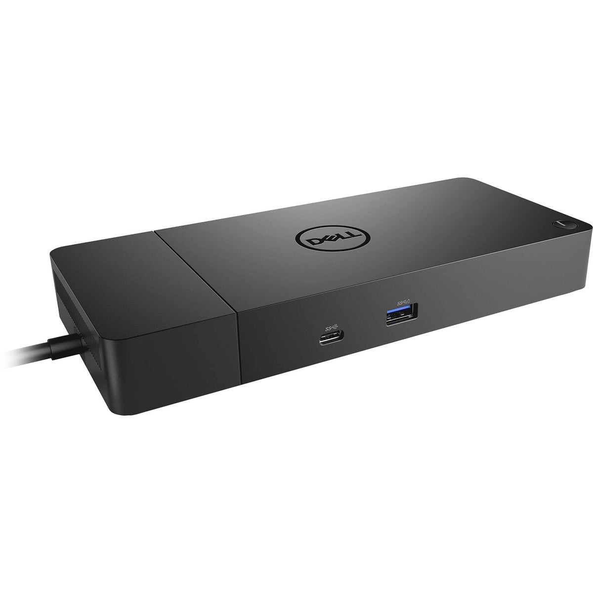 AOM Dell WD19DCS desk setup showing compact footprint and tidy cable routing