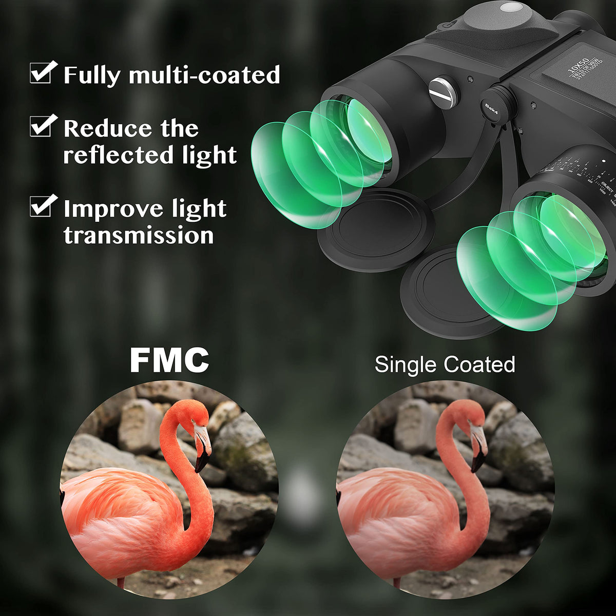 AOMEKIE 10x50 binoculars illuminated compass aids low-light navigation