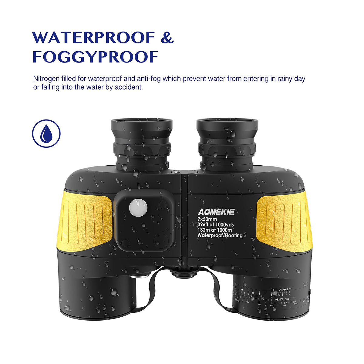 AOMEKIE 7x50 binoculars ergonomic grip and long eye relief for glasses wearers.