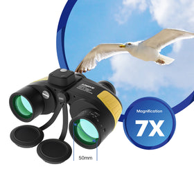 AOMEKIE 7x50 binoculars rangefinder compass close-up showcases navigation tools.