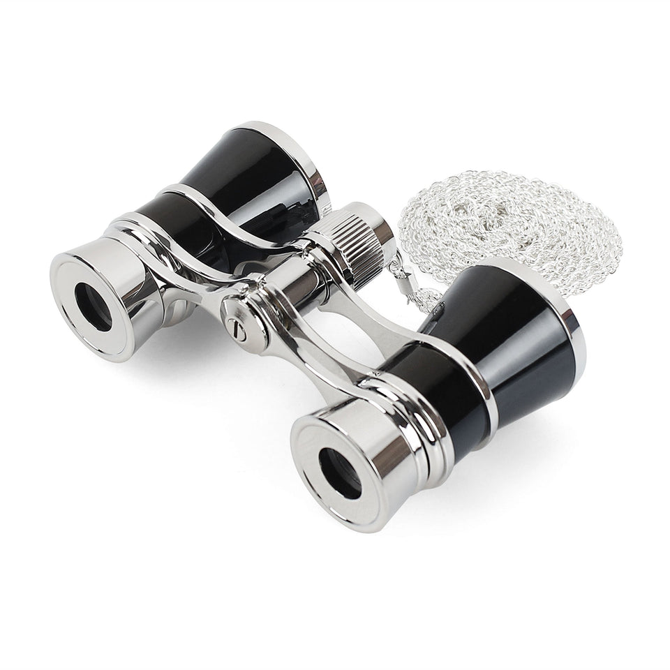 Aomekie opera glasses with chain, black finish, compact design for theater viewing.