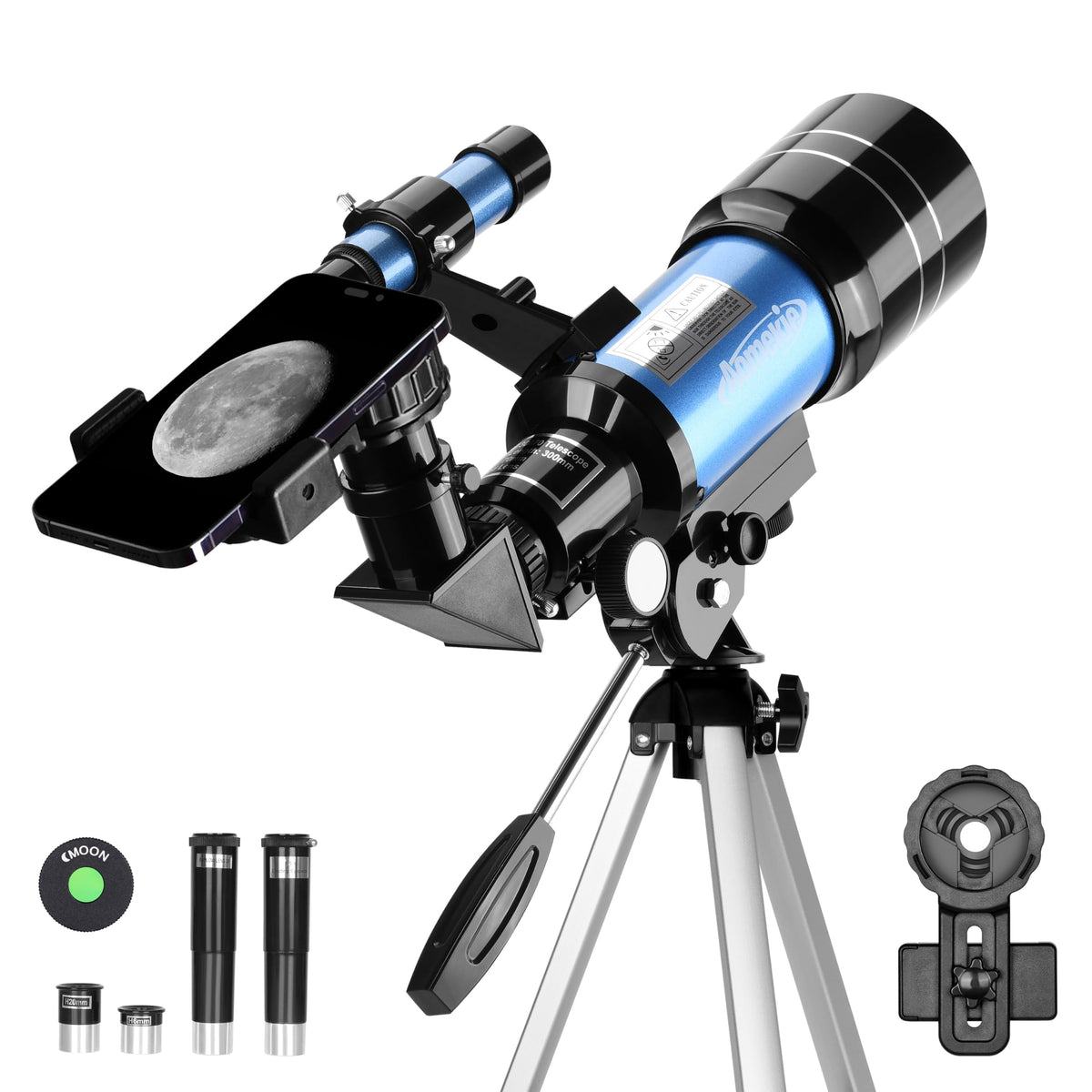 AOMEKIE telescope front view showing scope and accessories for clear beginner observing