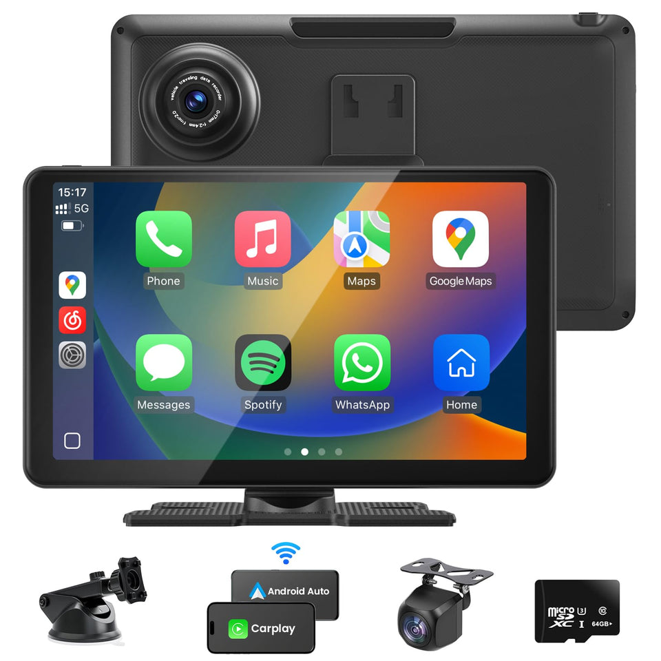 Aonerex front view of 9-inch portable CarPlay screen showing home interface and easy control