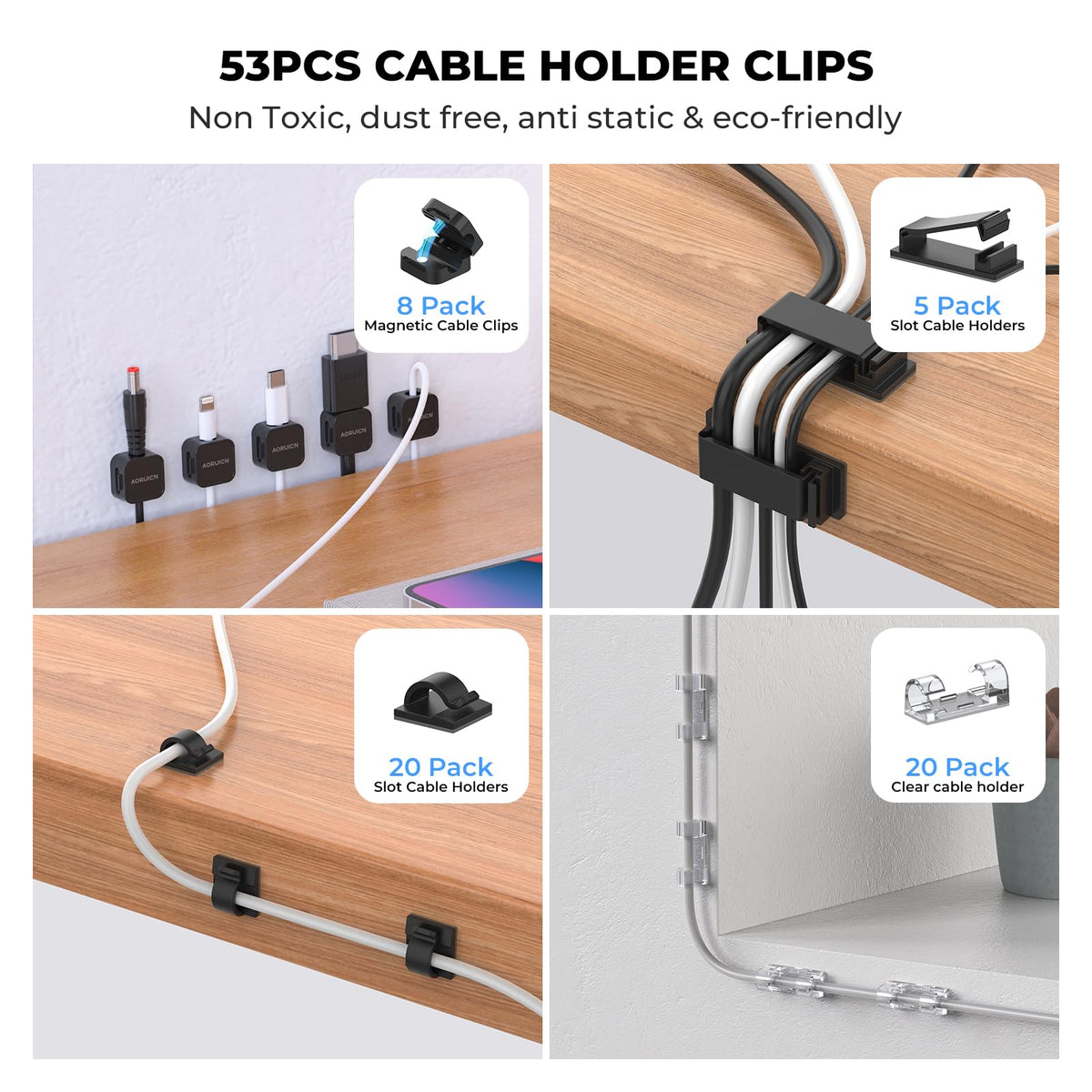 AORUICN adhesive clips securely attach wires to wood, metal, or glass surfaces.