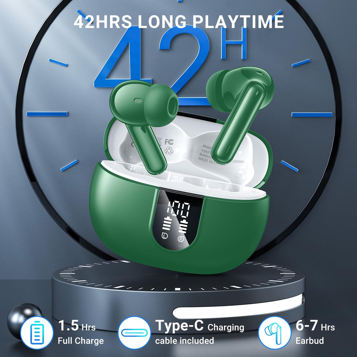 Aoslen earbuds offer 6-7 hours per charge, plus 42 extra hours with the case.