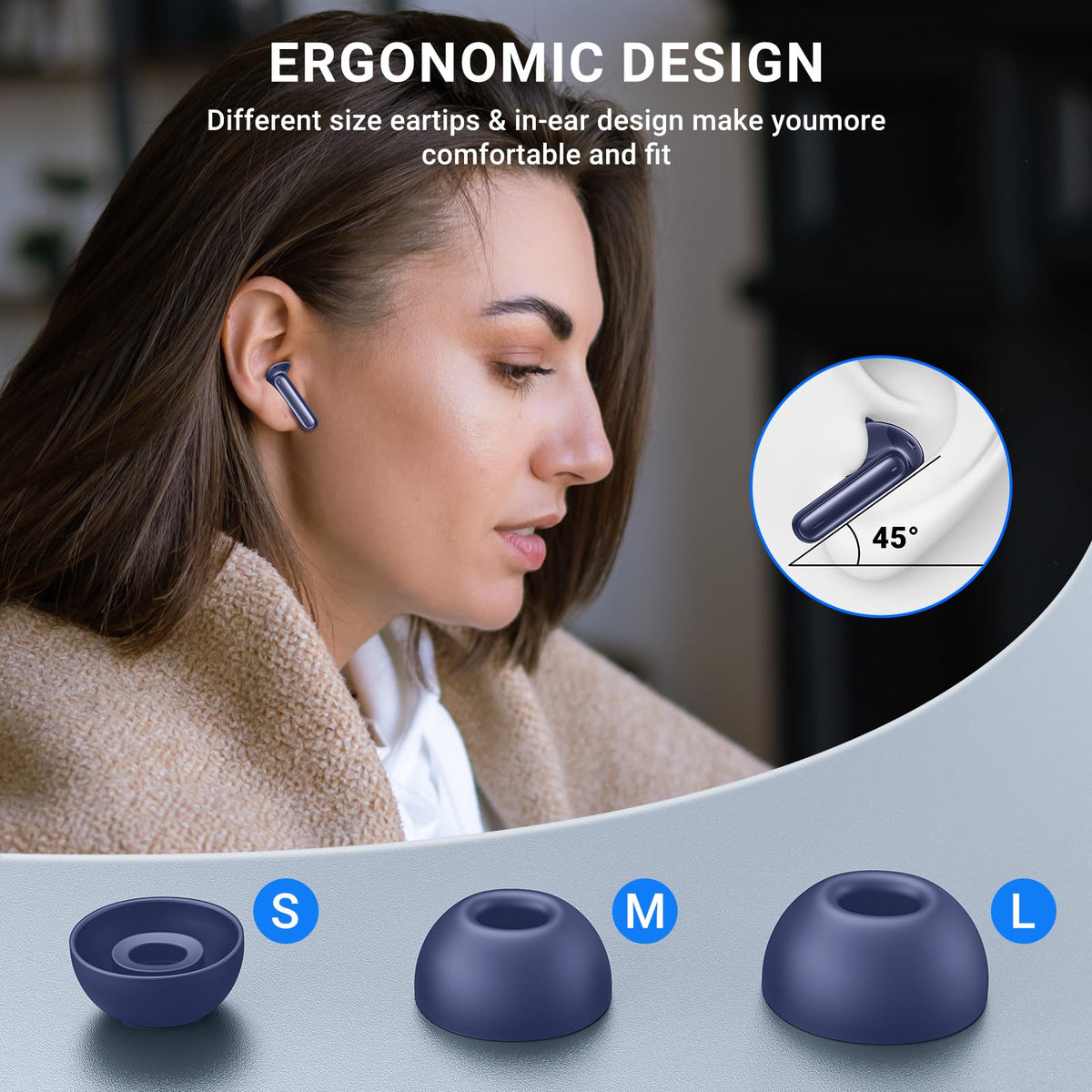 Aoslen ergonomic ear tips in S/M/L for secure comfort.