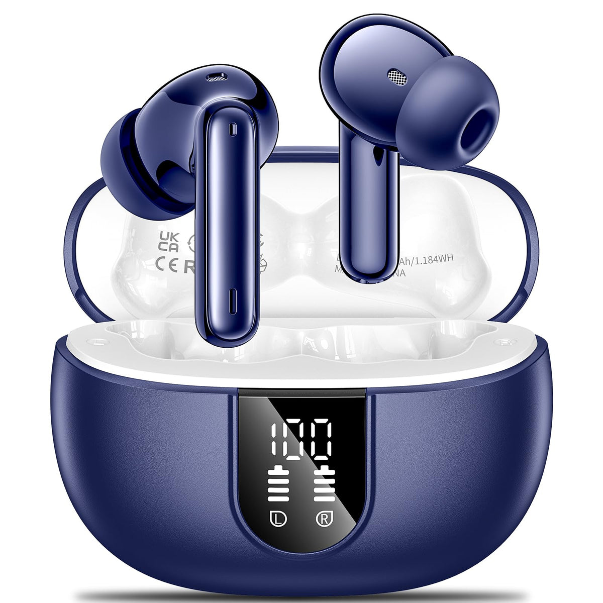 Aoslen wireless earbuds with LED display showing battery status for easy charging.
