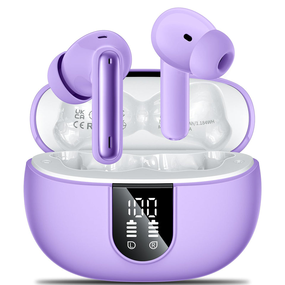 Aoslen wireless earbuds with LED display showing battery level for easy use.