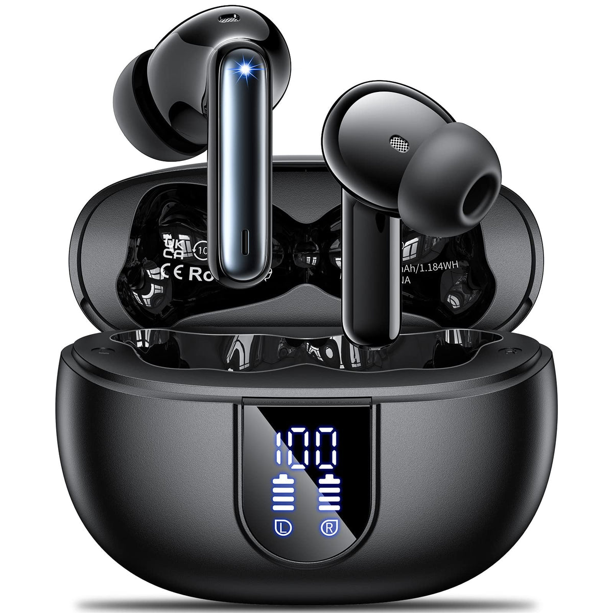 Aoslen wireless earbuds with LED power display showing battery status for quick checks