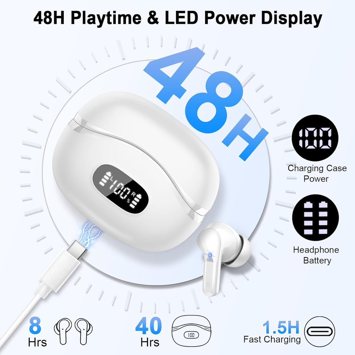 AOSRAU case LED indicators show earbud and case battery levels for easy monitoring.