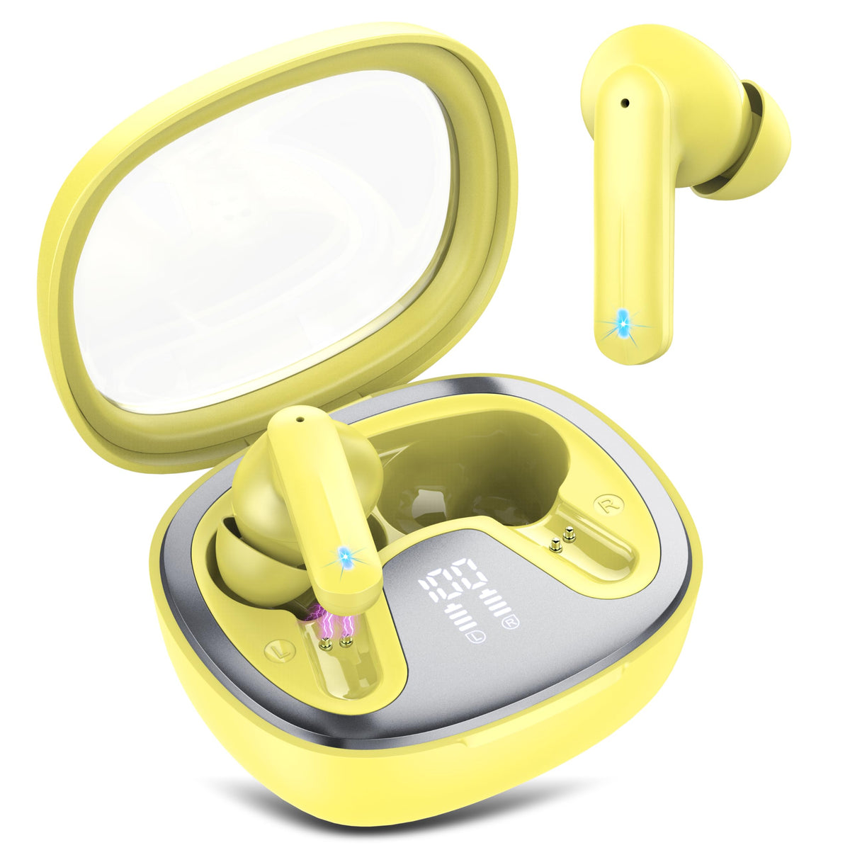 AOSRAU earbuds with LED display showing battery status for easy power planning.