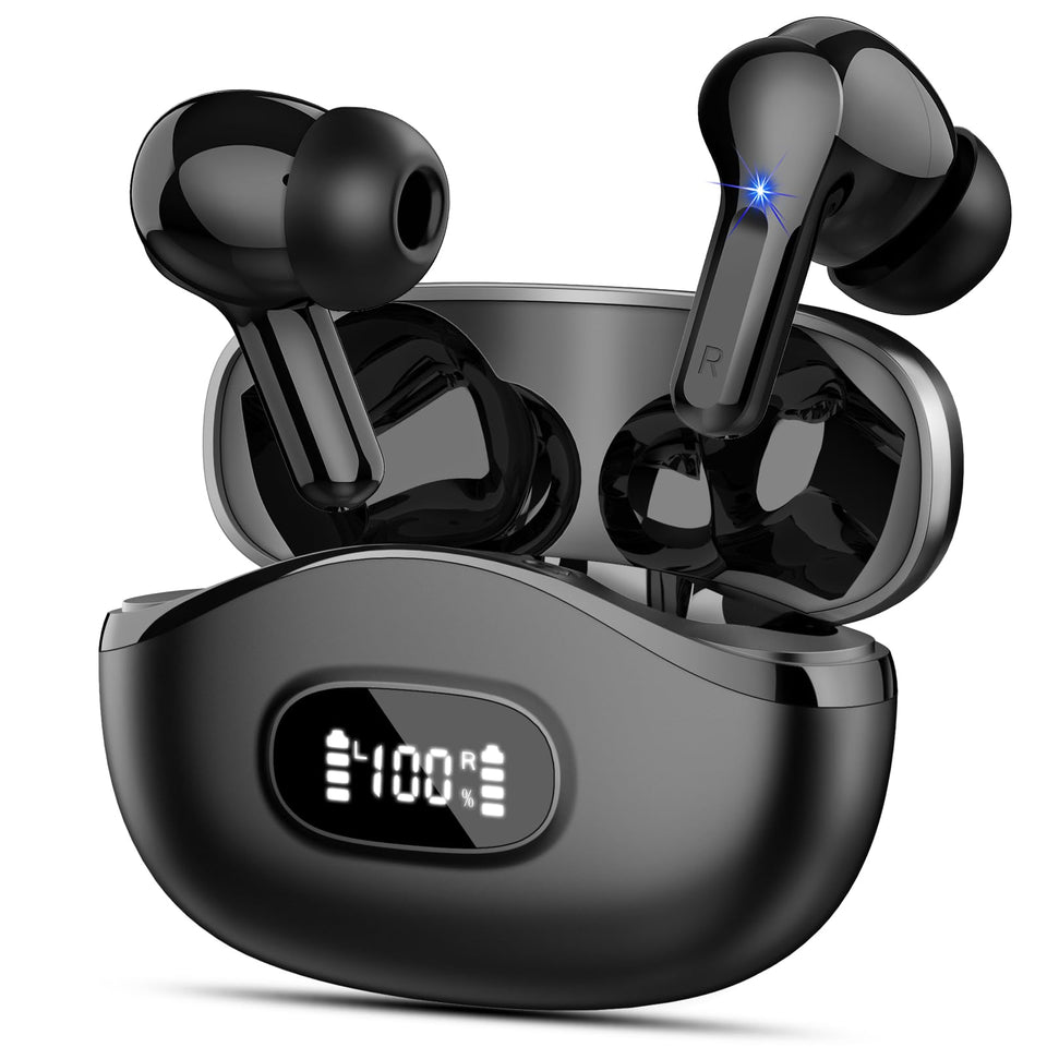 AOSRAU obsidian black earbuds with compact case for on-the-go charging.