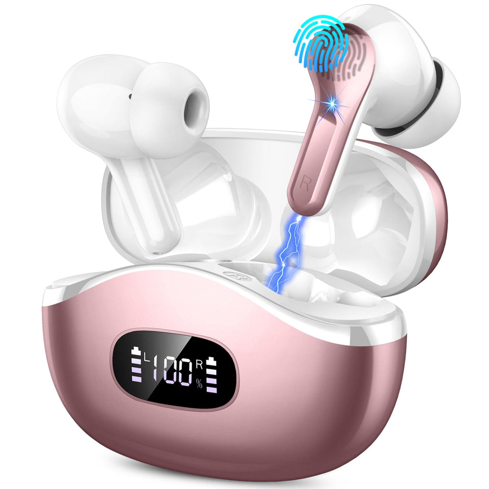 AOSRAU wireless earbuds with pink-gold charging case for daily on-the-go use.