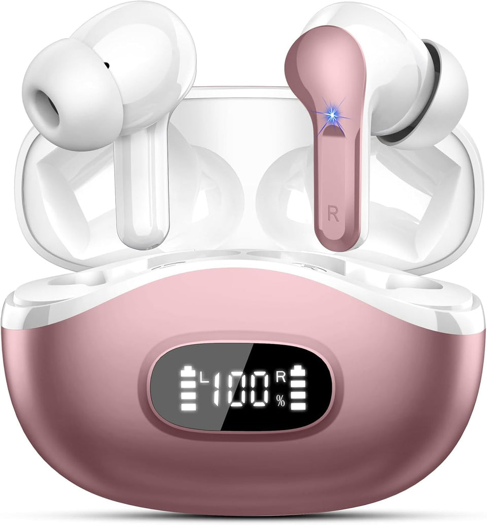 AOSRAU wireless earbuds in rose-gold case, front view for stylish portable charging