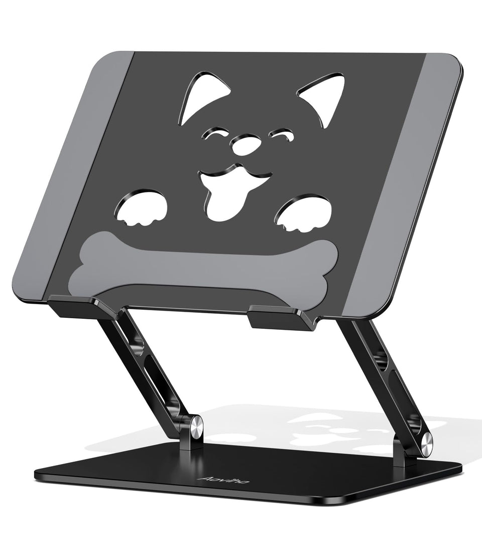 Aoviho front view on desk showing stable aluminum riser and dog-face vent improving posture
