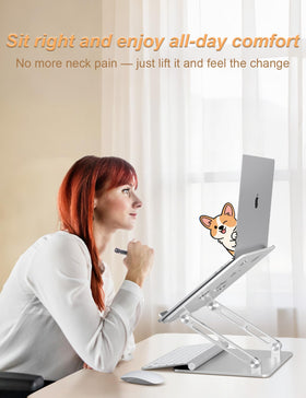 Aoviho laptop stand on desk improves posture and comfort.