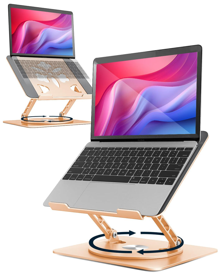 Aoviho rotating laptop stand front view showing elegant gold finish and ergonomic lift