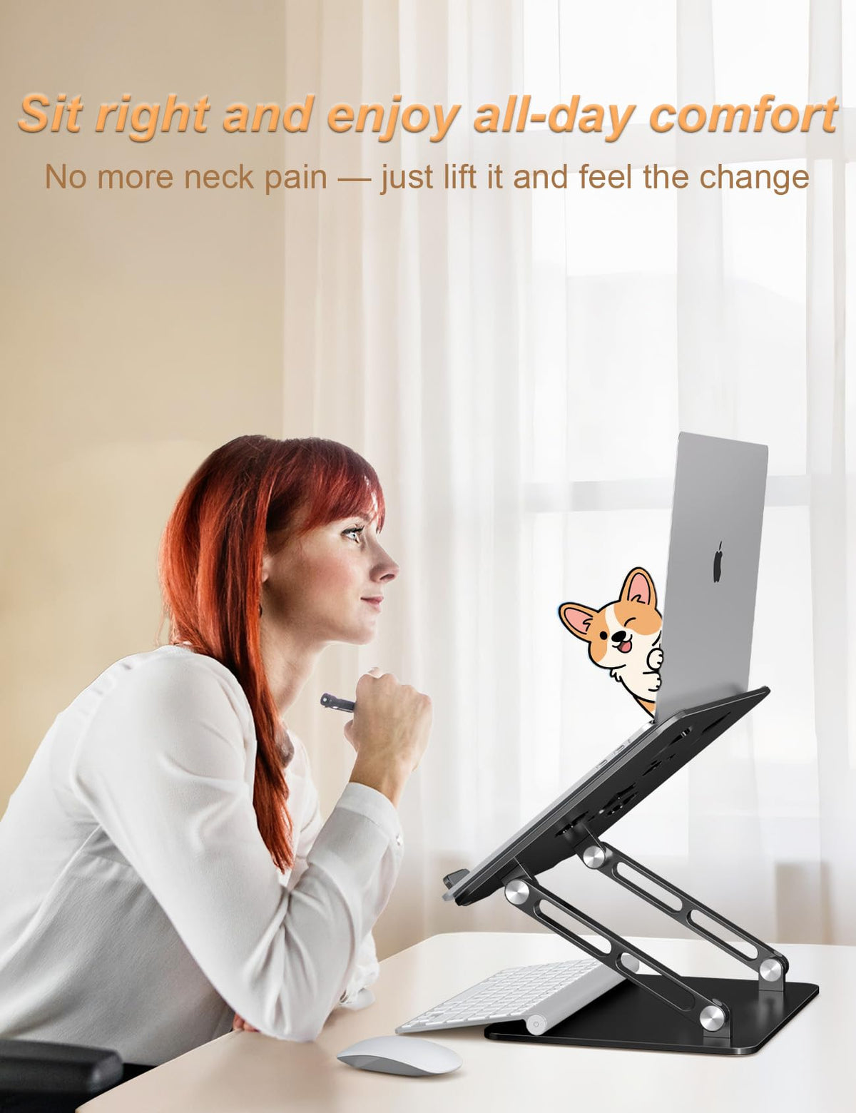 Aoviho beside a 17-inch laptop illustrating wide compatibility and secure support