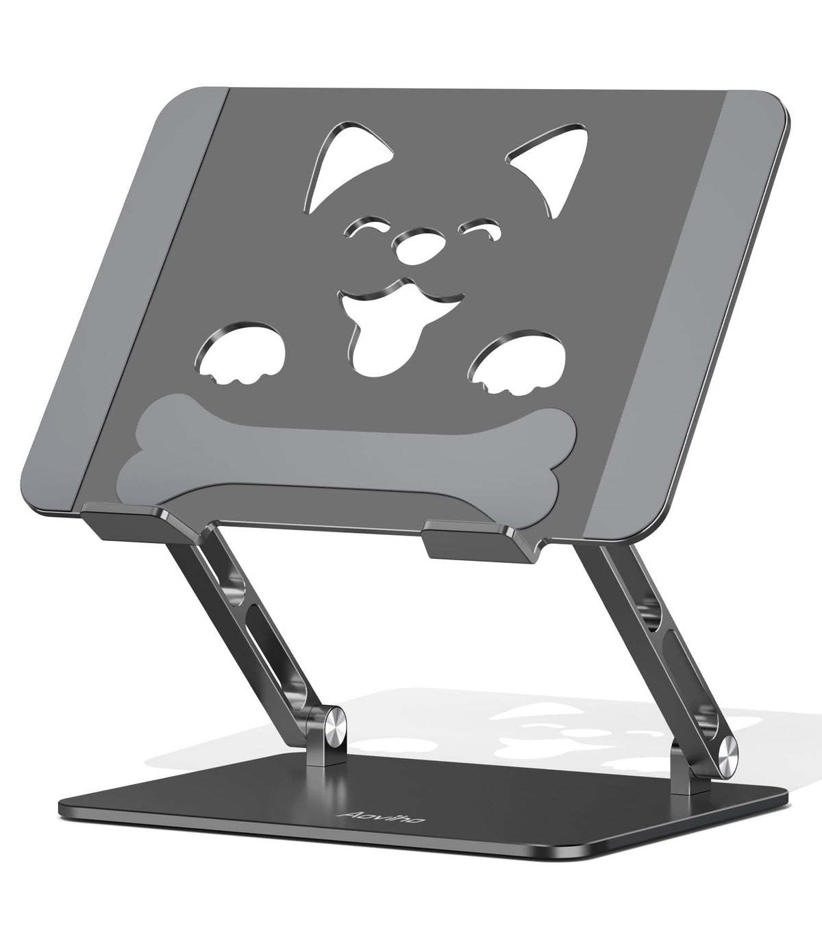 Aoviho stand front view showing stable aluminum frame and raised laptop benefit ergonomic posture