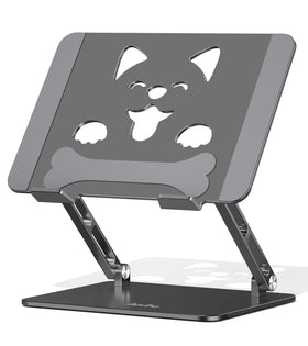 Aoviho stand front view showing stable aluminum frame and raised laptop benefit ergonomic posture