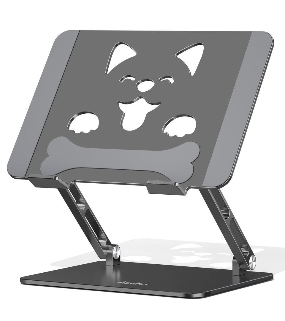 Aoviho stand front view showing stable aluminum frame and raised laptop benefit ergonomic posture