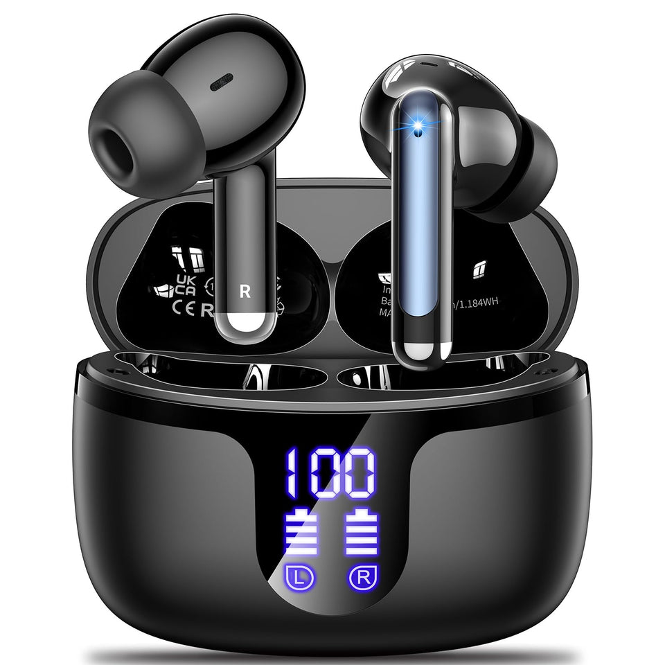 AOVOCE S48 earbuds case with LED display showing battery status for travel efficiency