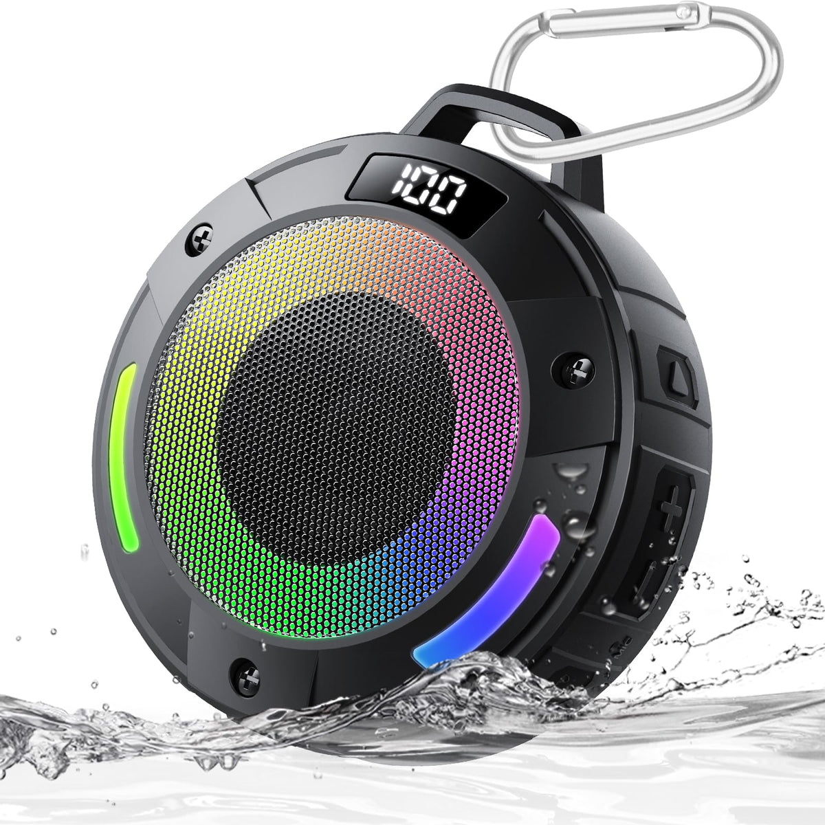 aowoka Bluetooth shower speaker with digital display for easy control and playback.