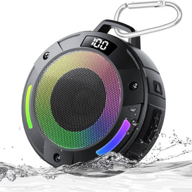 aowoka Bluetooth shower speaker with digital display for easy control and playback.