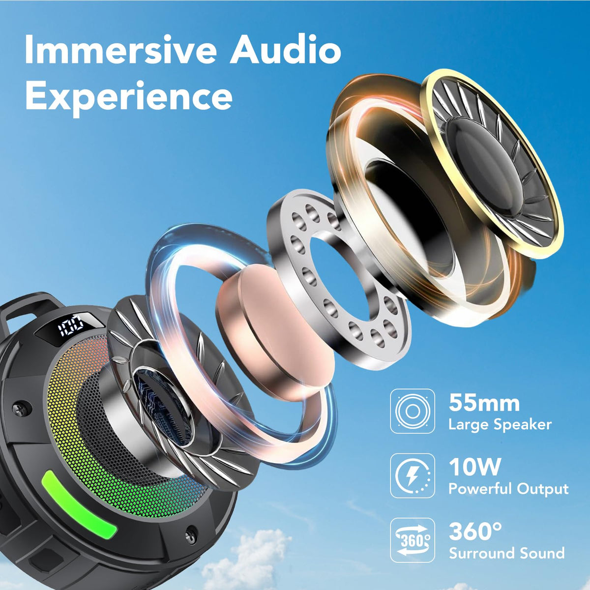 aowoka IPX7 waterproof shower speaker suitable for poolside and beach.