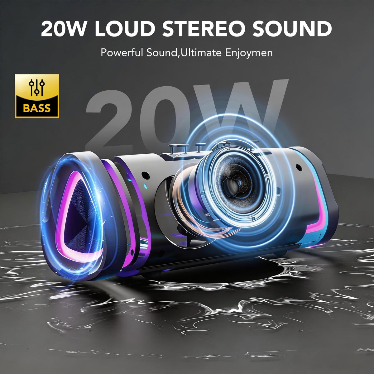 aowoka portable outdoor speaker showing rugged build and bass forward sound.