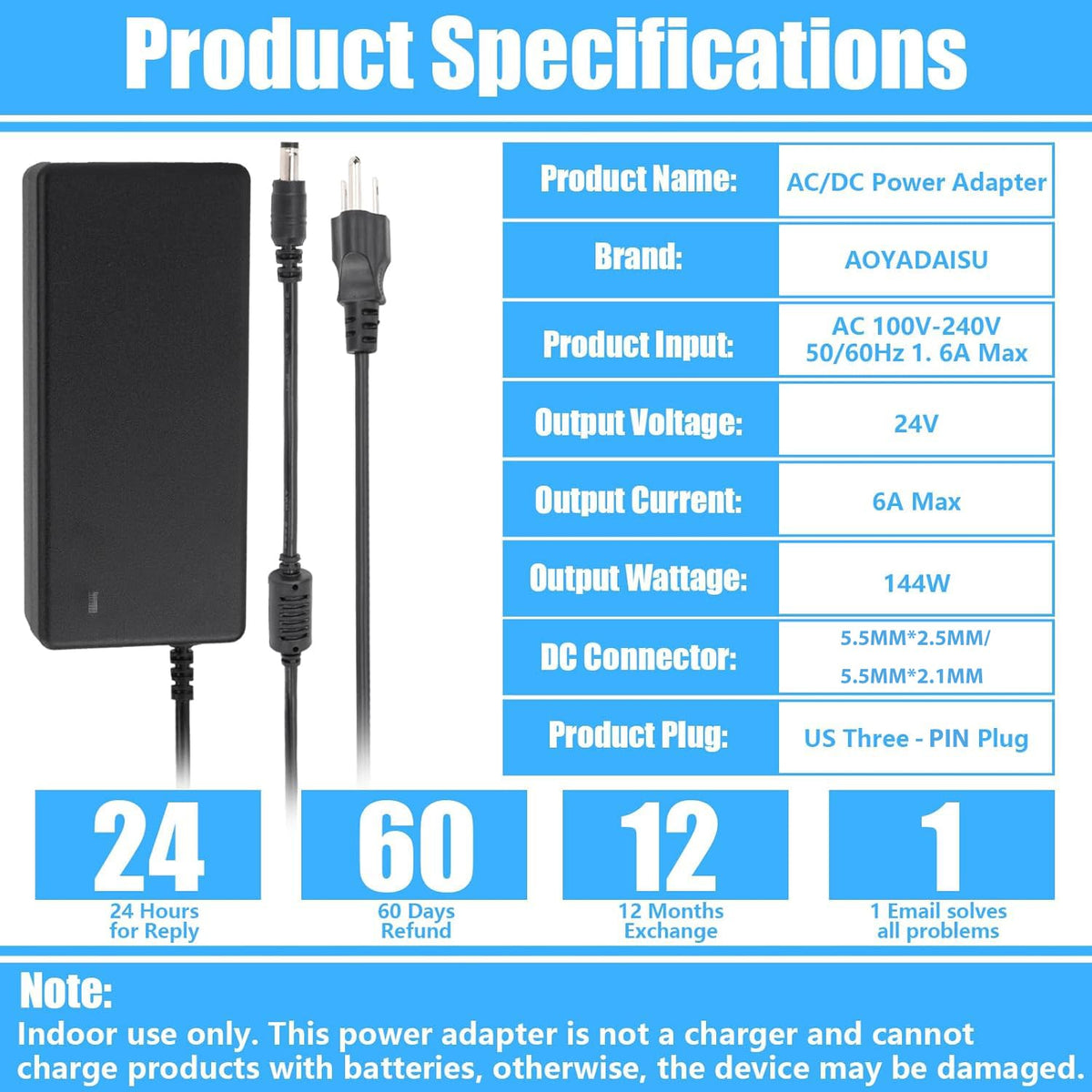 AOYADAISU 24V power supply cable connections ready for quick setup.