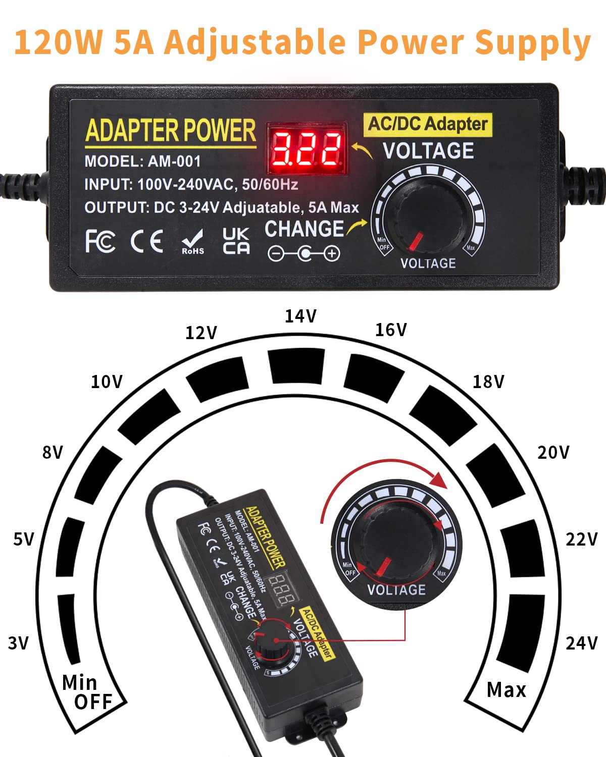 AOYADAISU adjustable DC power supply delivers precise 3-24V output for LEDs and cameras.