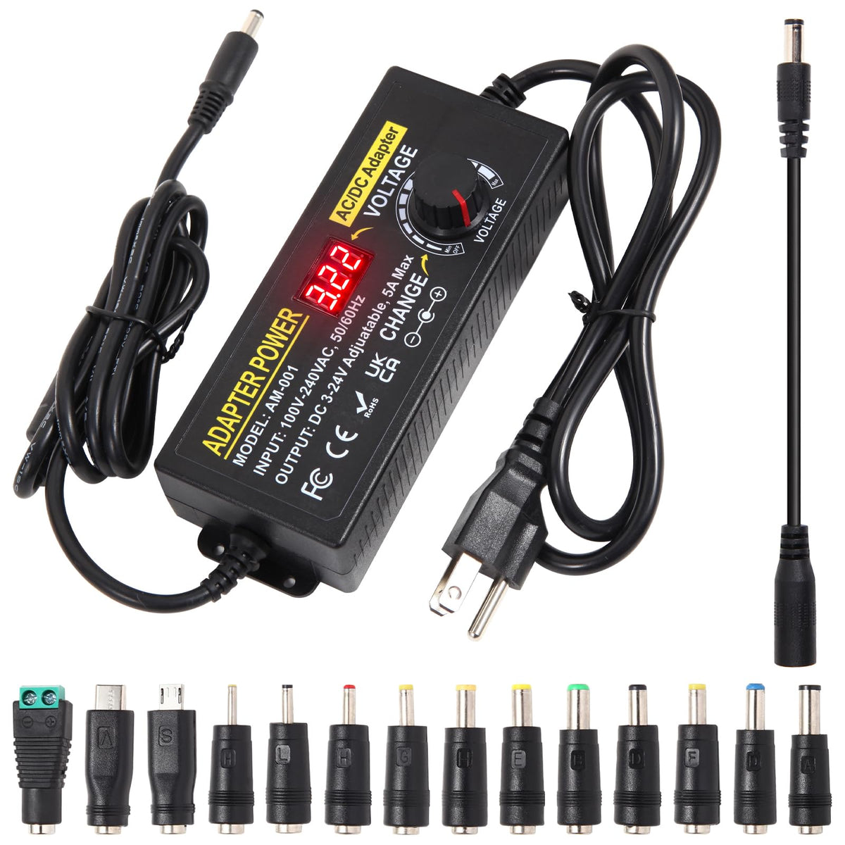 AOYADAISU universal power adapter with 14 tips for versatile device compatibility.