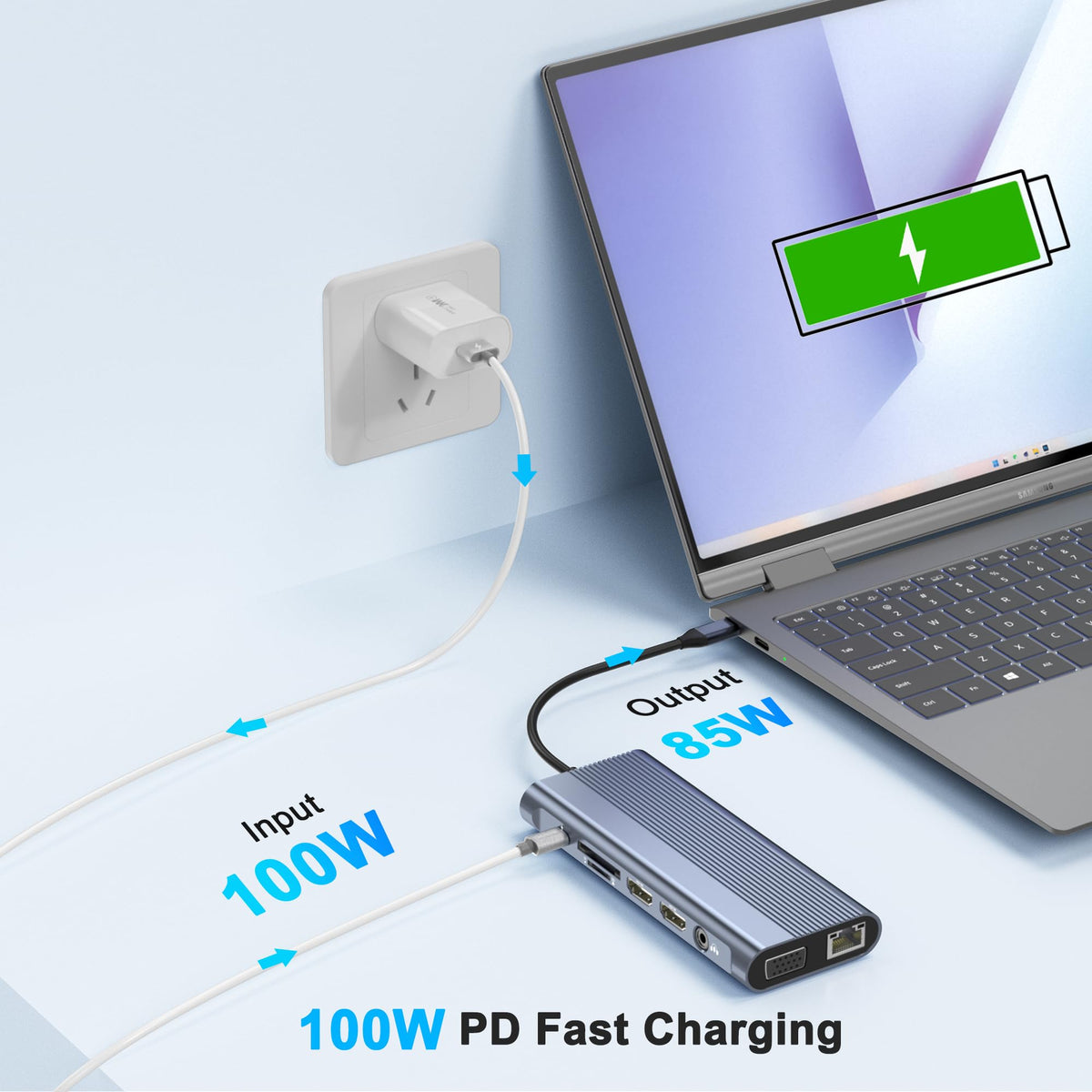 Aoyvsktv USB C Docking Station includes 3.5mm audio/mic for calls and media.