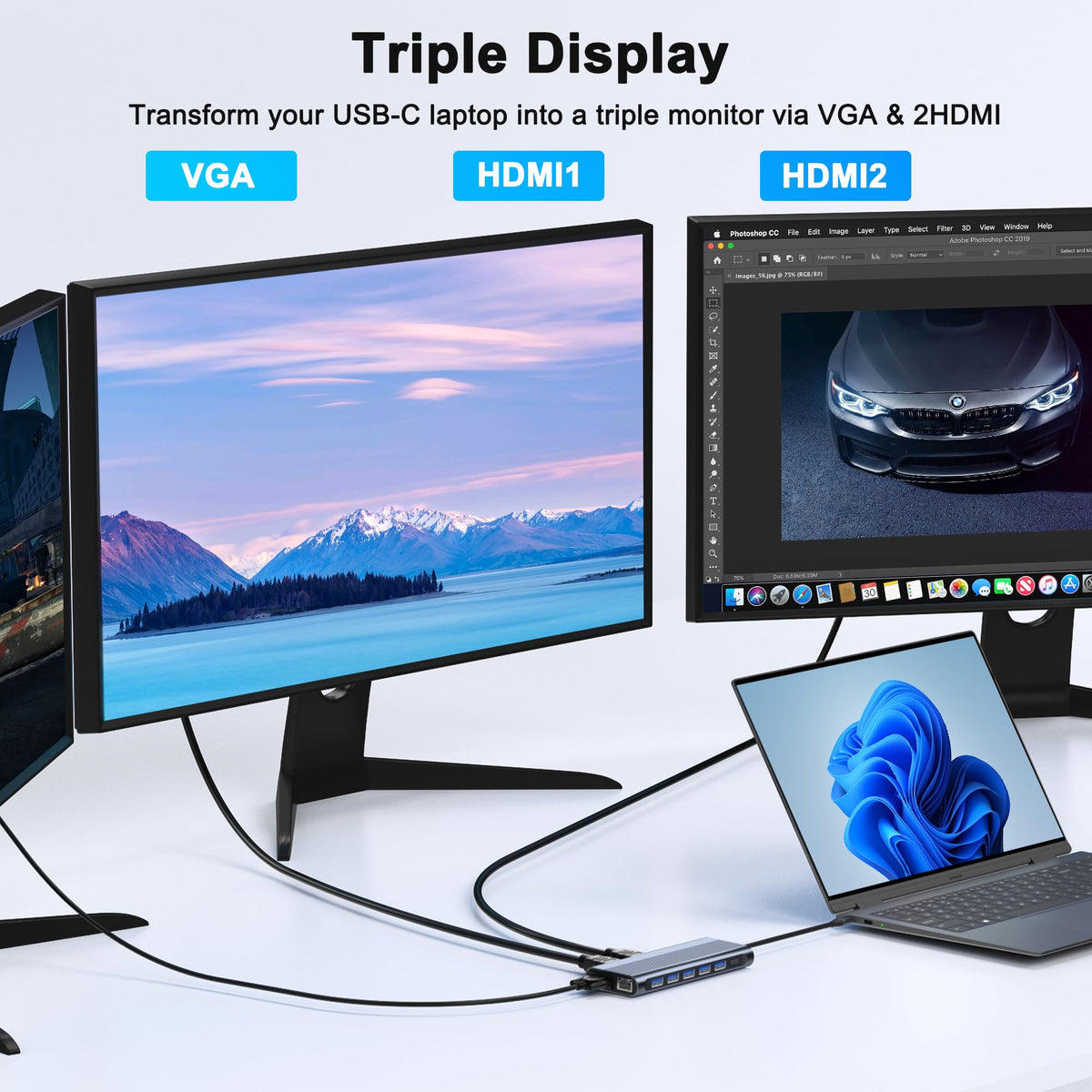 Aoyvsktv USB C Docking Station provides gigabit Ethernet for stable wired networks.